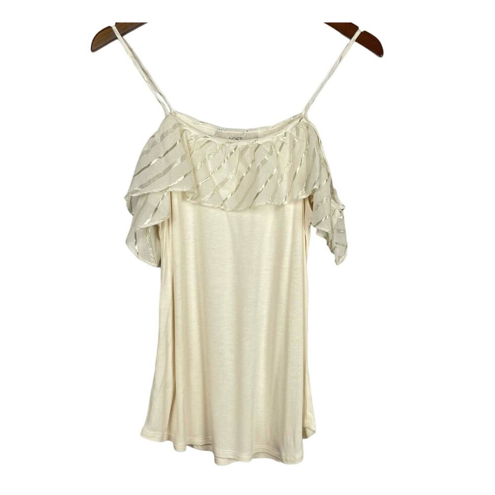 LOFT | NWT Cream & Metallic Gold Stripe Ruffle Accent Cold Shoulder Knit Shirt - Picture 4 of 11